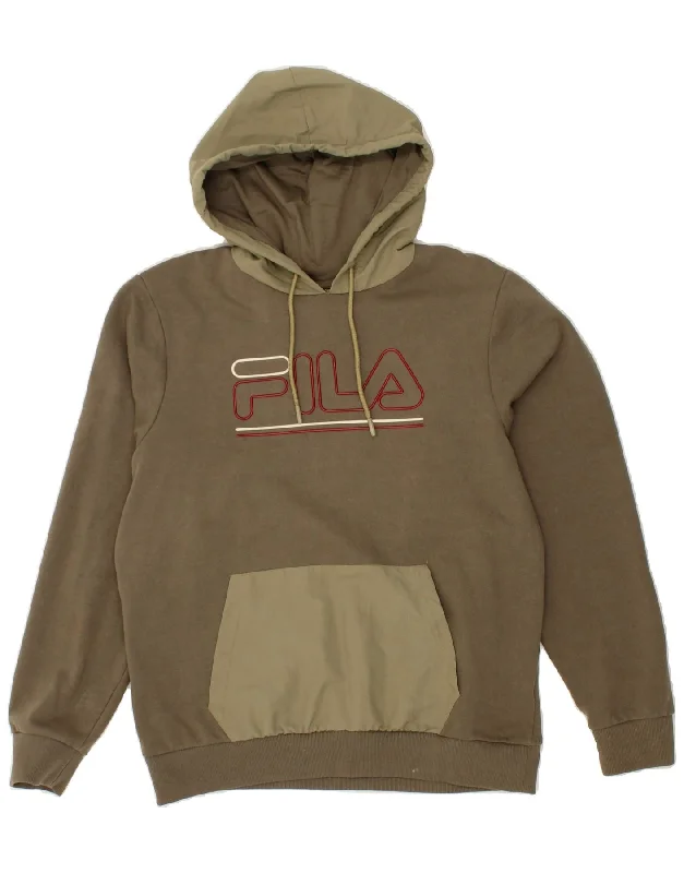 FILA Mens Graphic Hoodie Jumper Medium Khaki Cotton Hoodie with Strings Custom Fit Adjustable