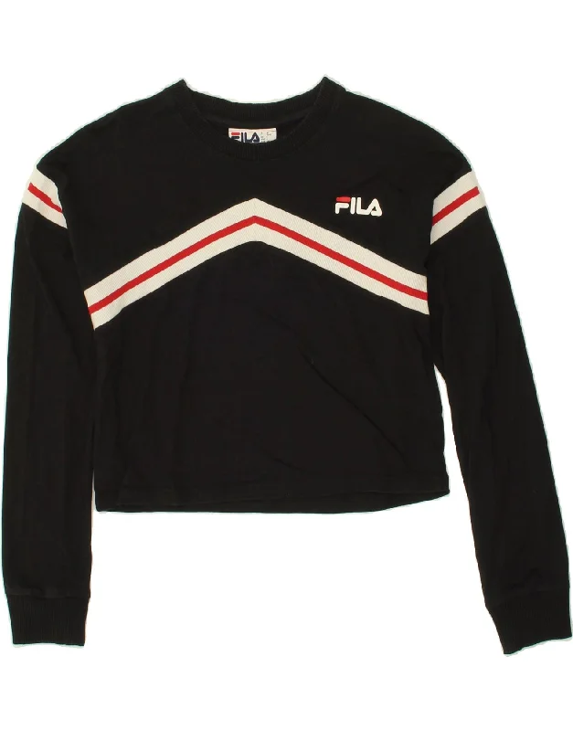 FILA Womens Crop Sweatshirt Jumper UK 10 Small Black Colourblock Cotton Hoodie with Hem Elastic Stretchable Comfortable