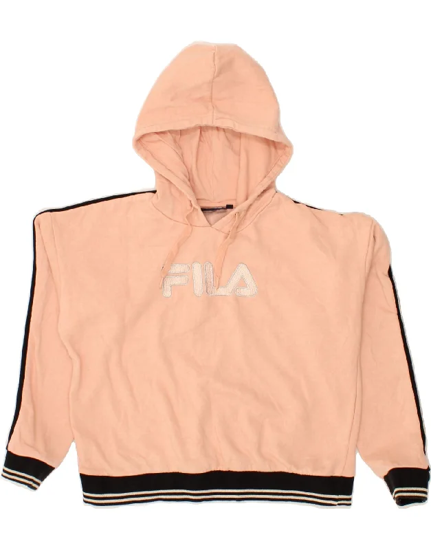 FILA Womens Graphic Hoodie Jumper UK 14 Medium Pink Cotton Cotton Hoodie Fleece Lining Warmth