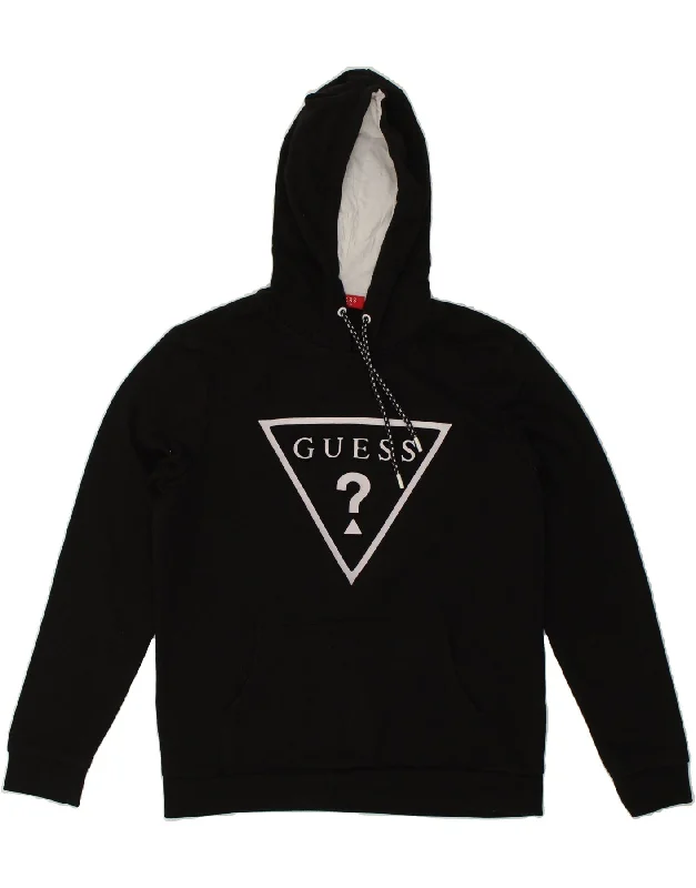 GUESS Mens Graphic Hoodie Jumper UK 36 Medium Black Cotton Hoodie with High-Low Hem Asymmetrical Trendy