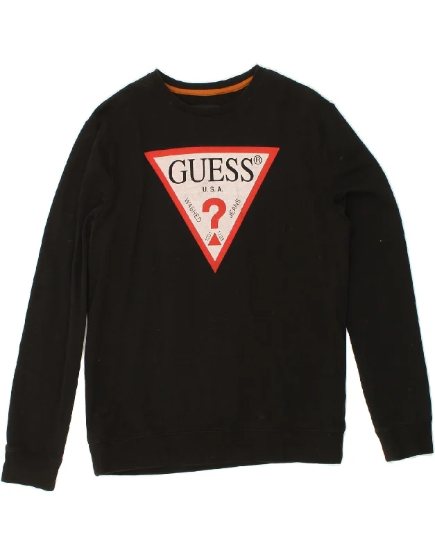 GUESS Womens Graphic Sweatshirt Jumper UK 14 Medium Black Cotton Hoodie with Back Slit Movement Comfort