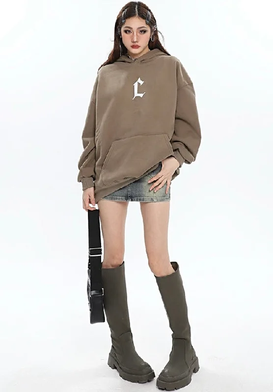 L Letter Print Solid Color Long Sleeve Hoodie Hoodie with Button Classic Timeless