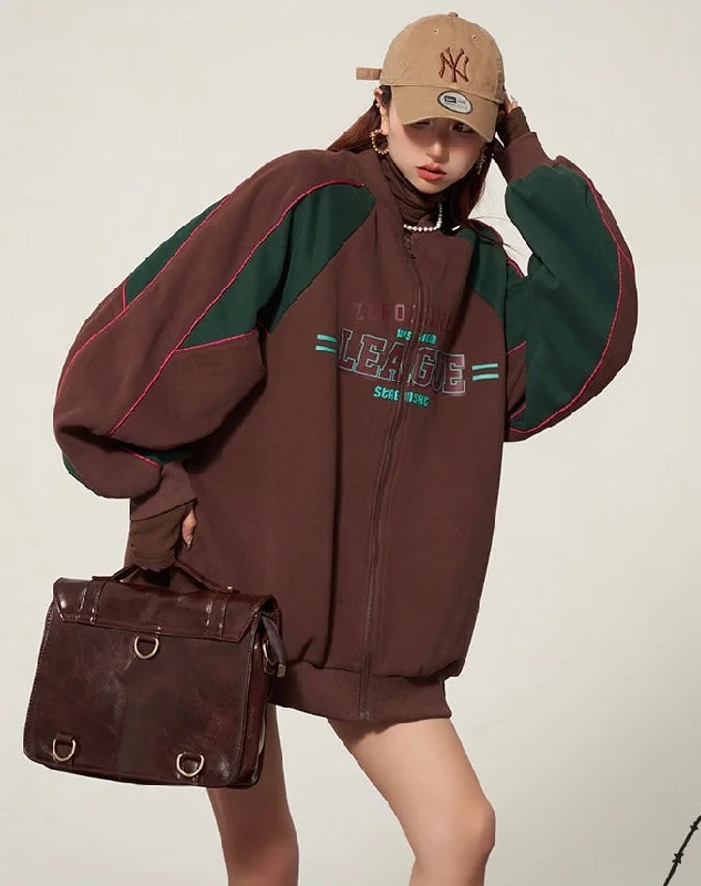 LEAGUE Letter Embroidery Long Sleeve Zip Up Sweatshirt Hoodie with Hem Raw Edge Edgy Unfinished