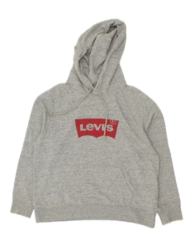 LEVI'S Womens Graphic Hoodie Jumper UK 18 XL Grey Flecked Cotton Hoodie with Magnetic Closure Innovative Modern