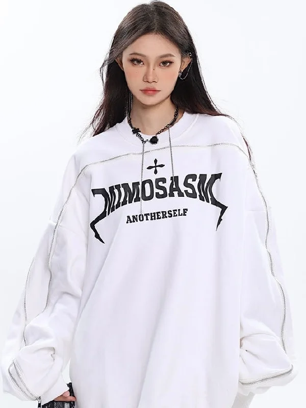 MIMOSASM Graphic Letter Print Solid Color Patchwork Long Sleeve Sweatshirt Hoodie with Hem Patch Decorative Personalized