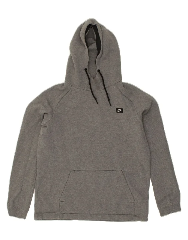 NIKE Womens Hoodie Jumper UK 14 Medium Grey Cotton Hoodie with Emblem Brand Identity