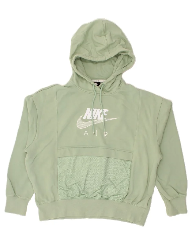 NIKE Womens Oversized Graphic Hoodie Jumper UK 14 Medium Green Cotton Hoodie with Hem Applique Textured Unique