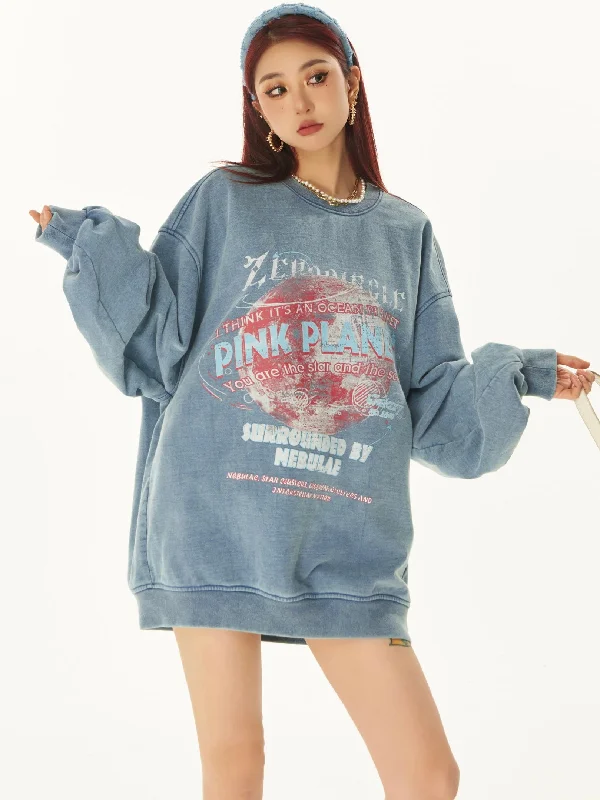 PINK PLANET Graphic Image Print Solid Color Washed Faded Long Sleeve Sweatshirt Hoodie with V-Neck Classic Versatile