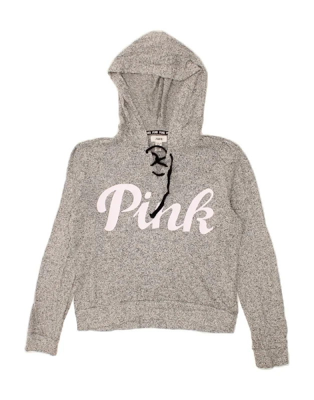 PINK Womens Crop Graphic Hoodie Jumper UK 6 XS Grey Flecked Viscose Hoodie with Half-Zip Sporty Casual