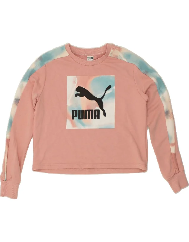 PUMA Womens Graphic Crop Sweatshirt Jumper UK 6 XS Pink Colourblock Hoodie with Velcro Closure Adjustable Secure