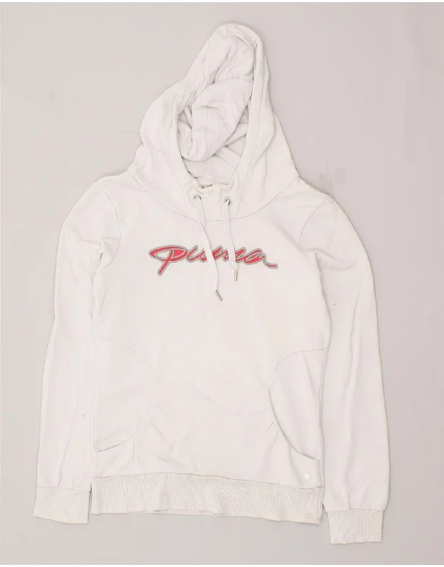 PUMA Womens Graphic Hoodie Jumper UK 10 Small White Cotton Hoodie with Frayed Bohemian Relaxed