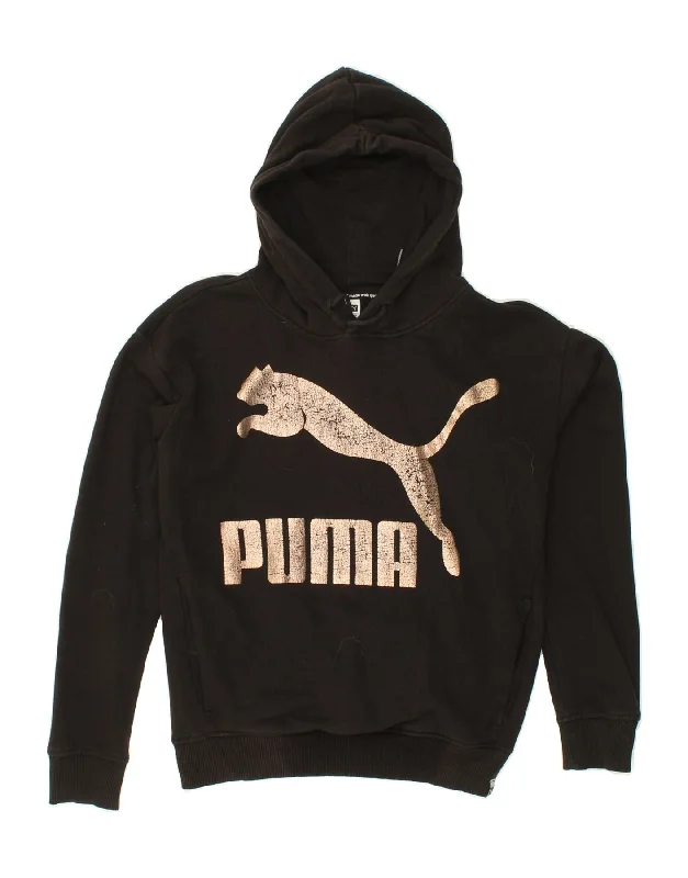 PUMA Womens Oversized Graphic Hoodie Jumper UK 10 Small  Black Cotton Hoodie with Frayed Bohemian Relaxed