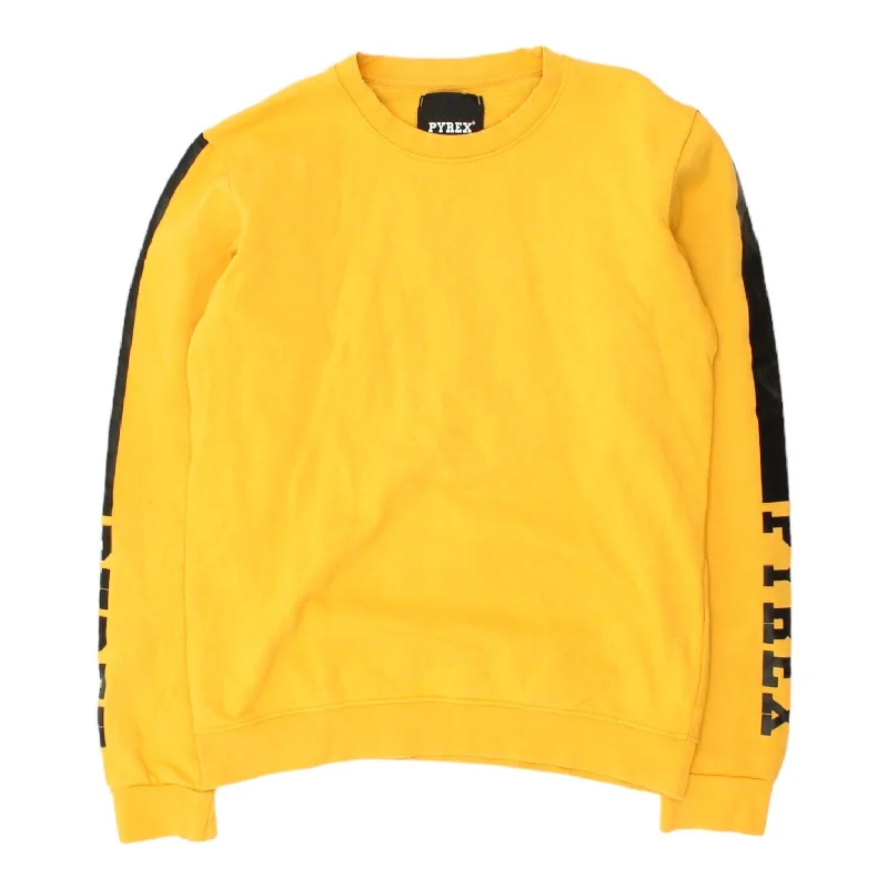 PYREX Mens Yellow Logo Sleeve Crew Neck Sweatshirt | Vintage Designer Jumper VTG Hoodie with High-Low Hem Asymmetrical Trendy