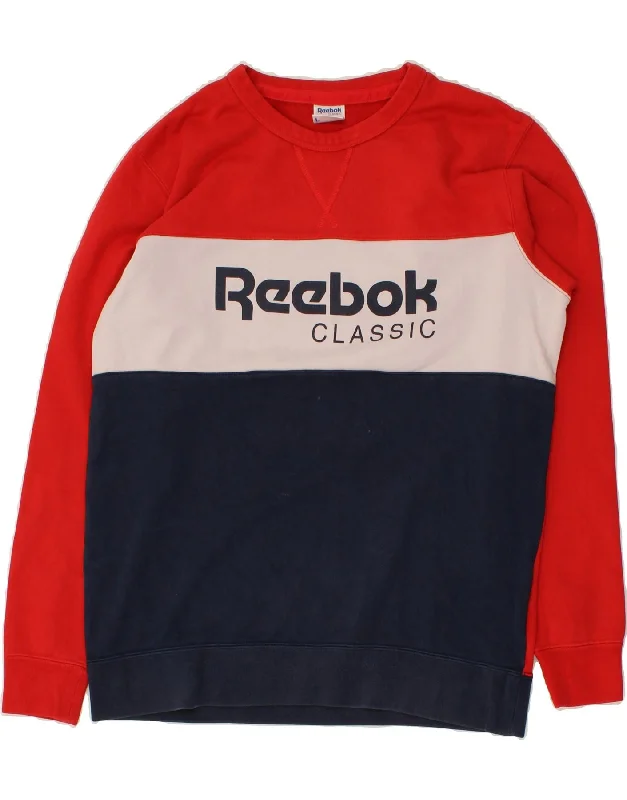 REEBOK Mens Classic Graphic Sweatshirt Jumper Large Red Colourblock Cotton Hoodie with Rolled Sleeves Casual Relaxed