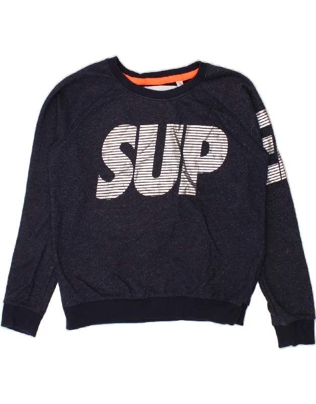 SUPERDRY Womens Graphic Crop Sweatshirt Jumper UK 10 Small Navy Blue Hoodie with Camouflage Military Edgy