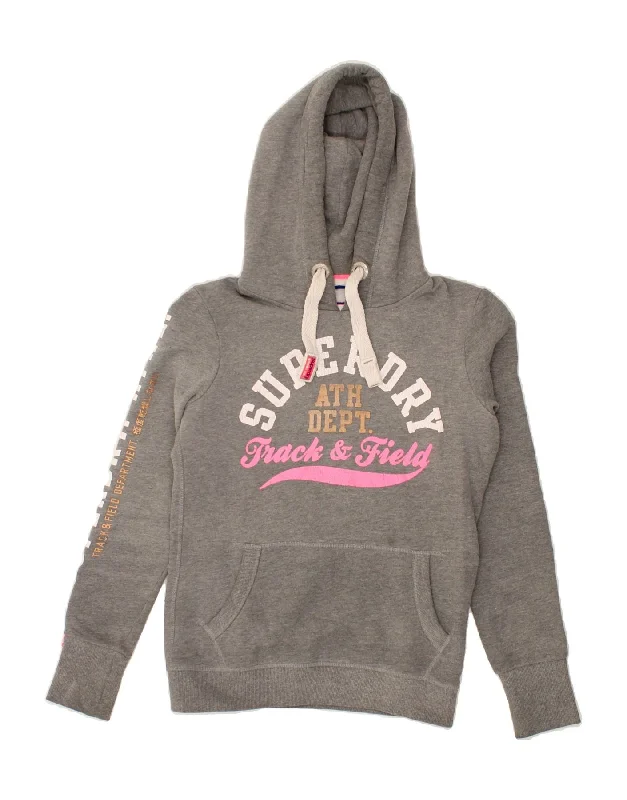 SUPERDRY Womens Graphic Hoodie Jumper UK 10 Small Grey Cotton Hoodie with Patch Decorative Personalized