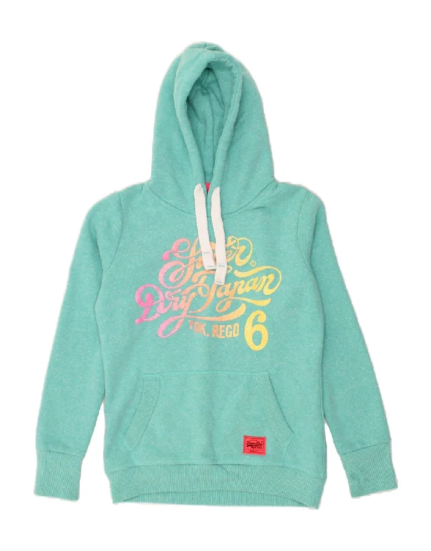 SUPERDRY Womens Graphic Hoodie Jumper UK 10 Small Turquoise Cotton Hoodie with Snap Buttons Easy Quick