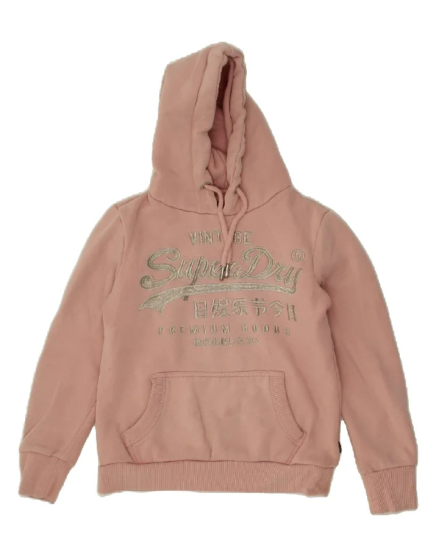 SUPERDRY Womens Graphic Hoodie Jumper UK 12 Medium Pink Cotton Hoodie with Tied Waist Feminine Flattering