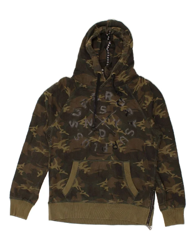 SUPERDRY Womens Graphic Hoodie Jumper UK 14 Medium Khaki Camouflage Cotton Hoodie with Hem Drawcord Adjustable Customizable