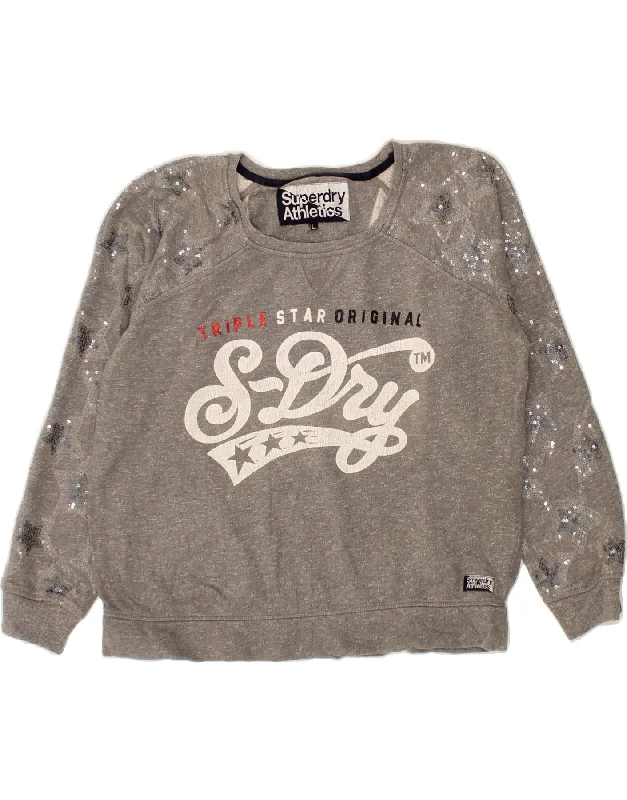 SUPERDRY Womens Graphic Sweatshirt Jumper UK 16 Large Grey Hoodie with Bell Sleeves Flared Feminine