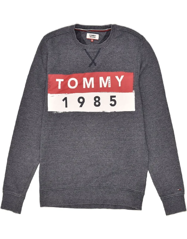 TOMMY HILFIGER Mens Graphic Sweatshirt Jumper Medium Grey Flecked Cotton Hoodie with Zipper Versatile Modern