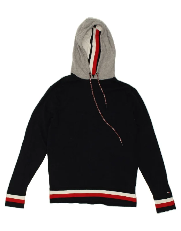 TOMMY HILFIGER Mens Hoodie Jumper Medium Navy Blue Colourblock Cotton Hoodie with Sequins Glamorous Eye-catching