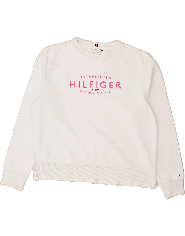 TOMMY HILFIGER Womens Graphic Crop Sweatshirt Jumper UK 16 Large White Hoodie with Button Placket Classic Preppy