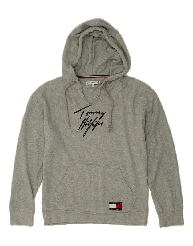 TOMMY HILFIGER Womens Graphic Hoodie Jumper UK 6 XS Grey Cotton Hoodie with Emblem Brand Identity