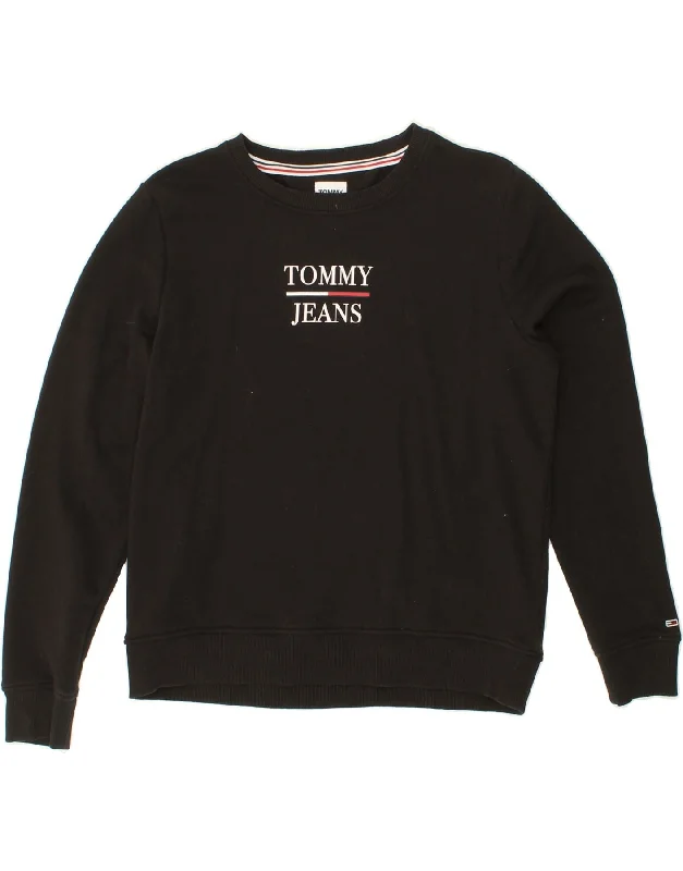 TOMMY HILFIGER Womens Graphic Sweatshirt Jumper UK 14 Medium Black Cotton Hoodie with V-Neck Classic Versatile