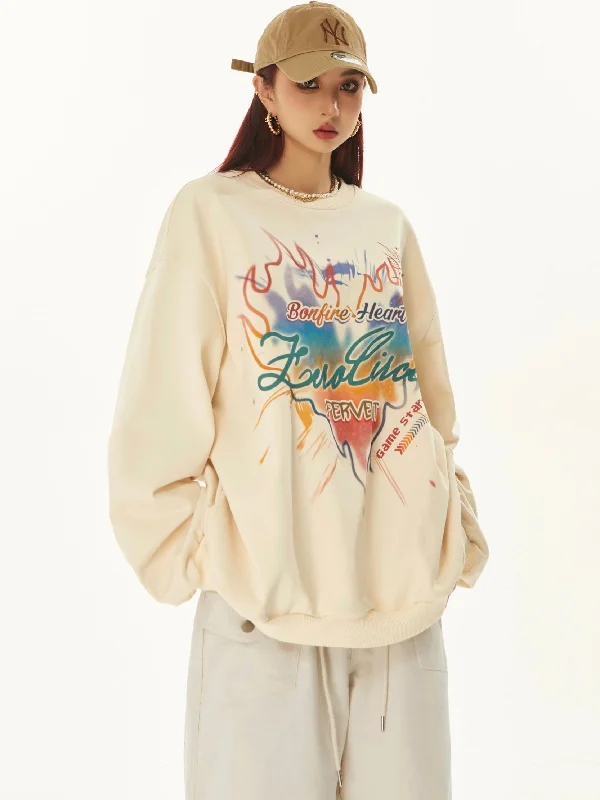 ZeroCircle Graphic Letter Print Flaming Heart Apricot Long Sleeve Sweatshirt Hoodie with Raglan Sleeves Sporty Comfortable