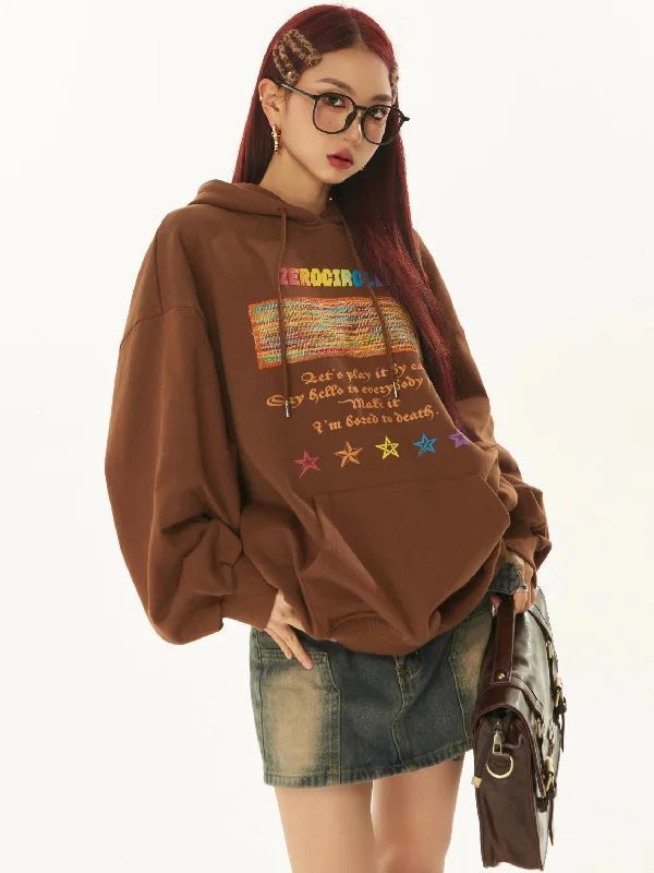 ZEROCIRCLE Rainbow Graphic Letter Print Solid Color Brown Long Sleeve Hoodie Hoodie with Zipper Versatile Modern