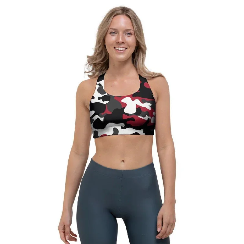 Red And Black Camouflage Print Sports Bra Full Coverage Bra