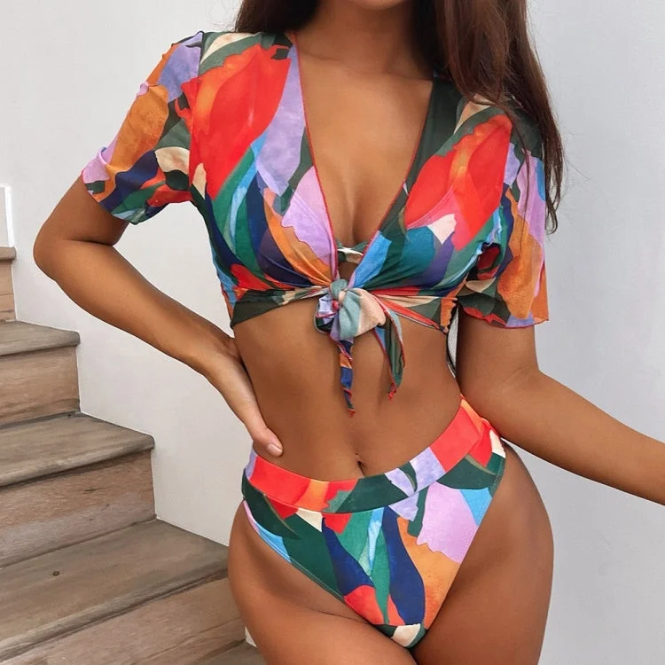 3 in 1 Square Print Bikini Ladies Split Swimsuit Set with Short Top (Color:Red Size:L) Elegant Swim Dress