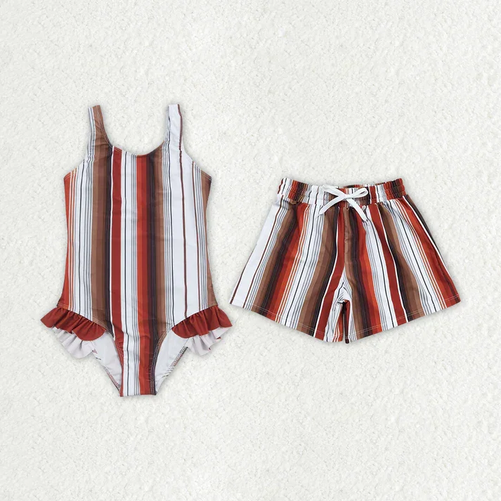 RTS Baby Girls Boys Brown Stripes Western Summer Trunk Swimsuits Strappy Back Bikini