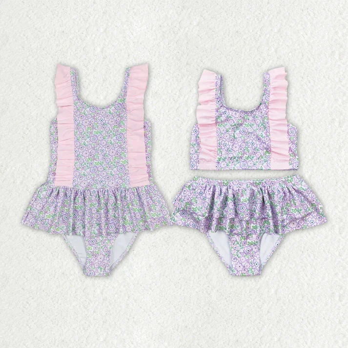 RTS Baby Girls Summer Lavender Flowers Sibling Sister Swimsuits Floral Print Swimsuit