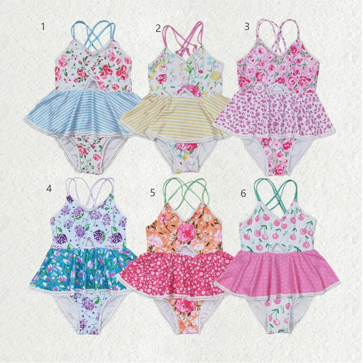 RTS NO MOQ Baby Girls Summer Ruffle One Piece Sibling Sister Swimsuits Quick-Dry Tankini