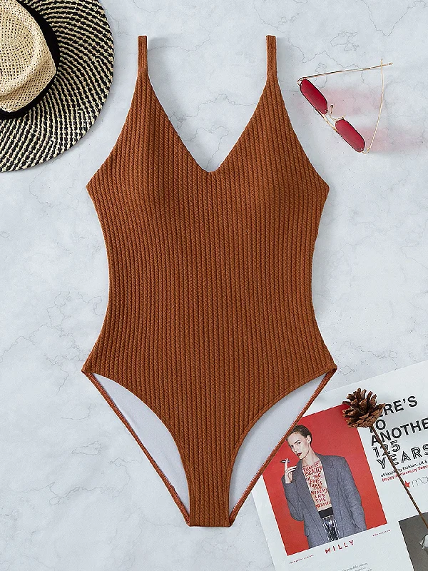 Solid Color Brown Sexy Women'S One-Piece Swimsuit Mesh Swimsuit Top