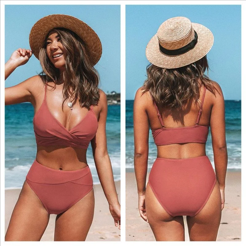 Women Fashion Solid Color Cross Two-Piece Swimsuit Adjustable Strap Swimsuit