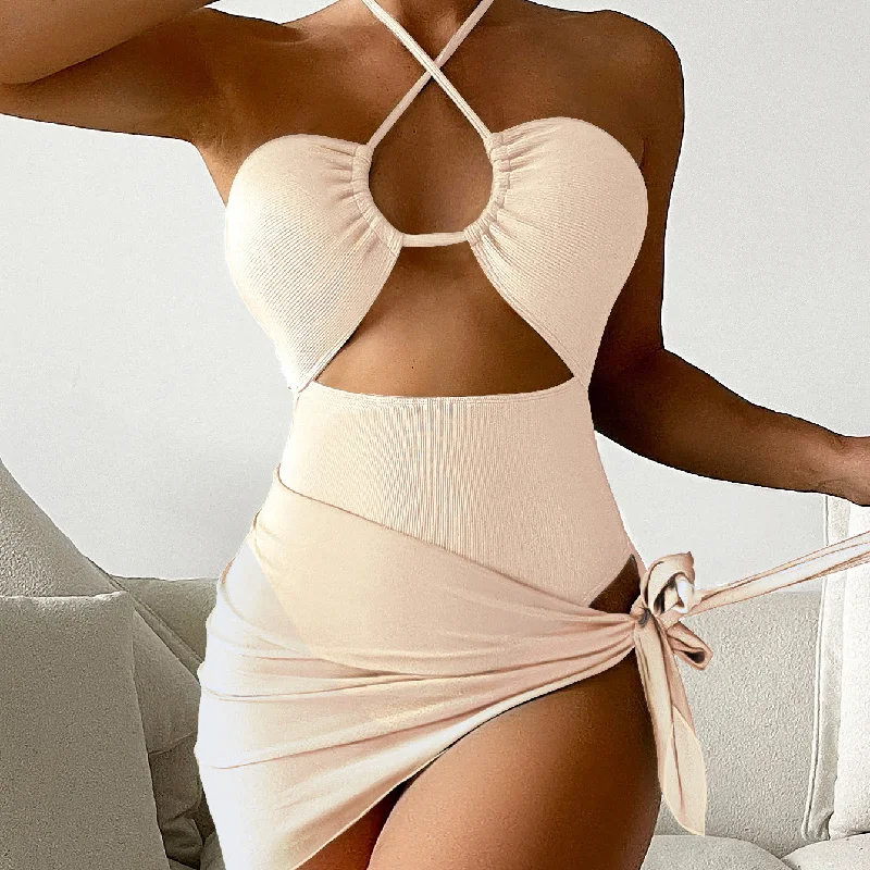 Women Sexy Pure Color Mesh Halter One-Piece Swimsuit Set Strapless Swimsuit Top