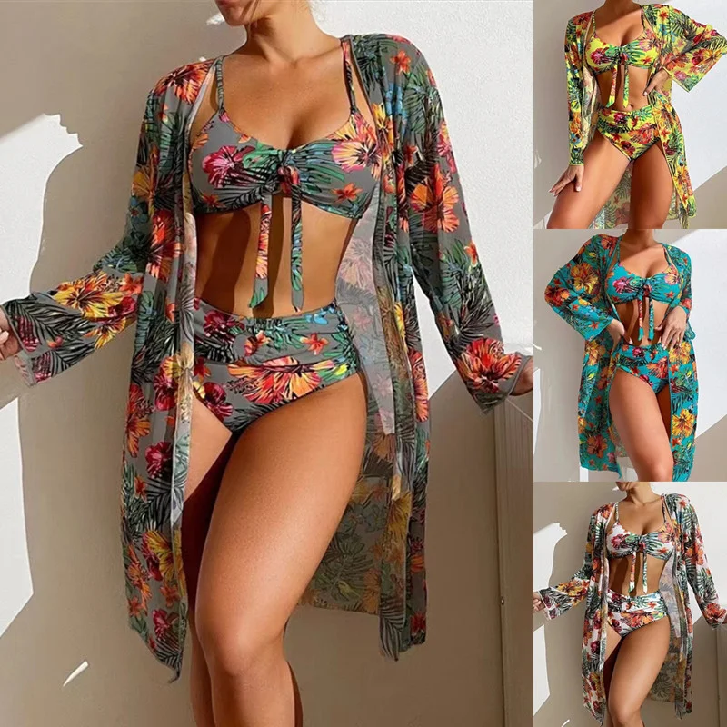 Women'S Fashion Sexy Floral Printing Swimsuit Three-Piece Set Stylish Beachwear Set