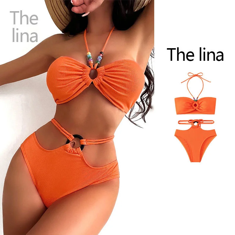 Women'S Sexy Small Chest Push Up Halter Neck Swimsuit Two-Piece Set Crisscross Back Swimsuit