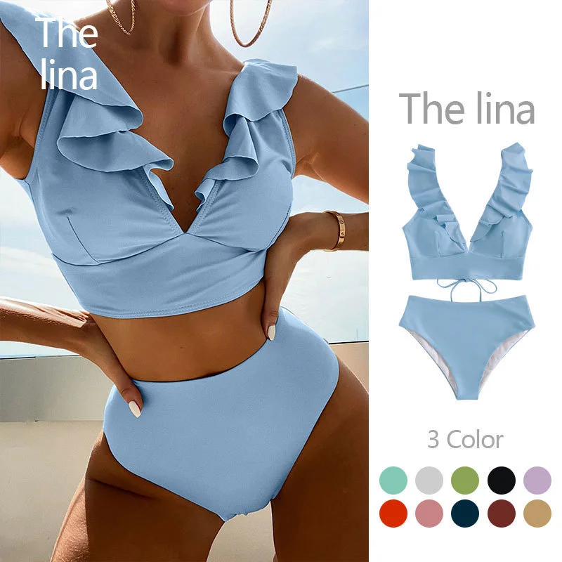 Women'S Sexy Solid Color Pleated Lace Double Strap Button Up Swimsuit Two-Piece Set Quick-Dry Swimsuit