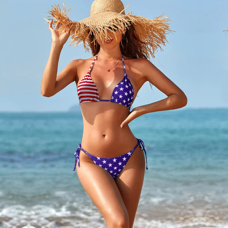 Women'S Sexy Summer Vacation Star Stripe Flag 3d Print Swimsuit Two-Piece Bikini Set Bold Swimsuit Design