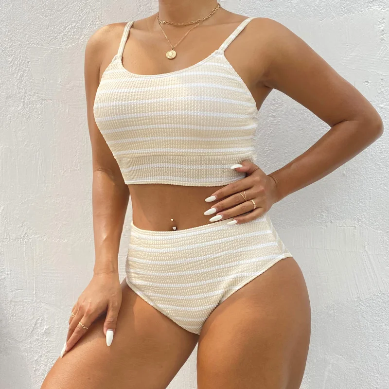 Women'S Simple Stripe Backless Swimsuit Two-Piece Set Floral Swimwear Set