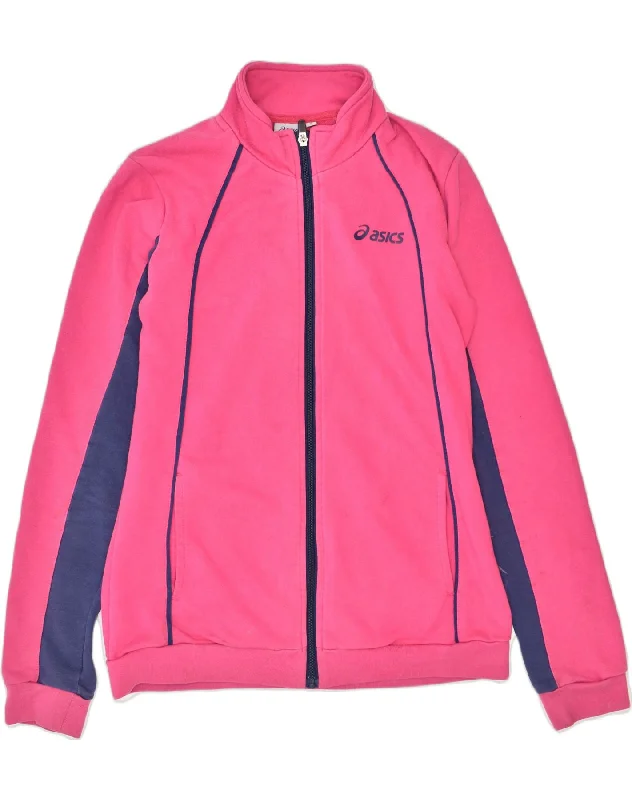 ASICS Womens Tracksuit Top Jacket UK 12 Medium Pink Cotton Front Pockets Side Pockets Patch Pockets