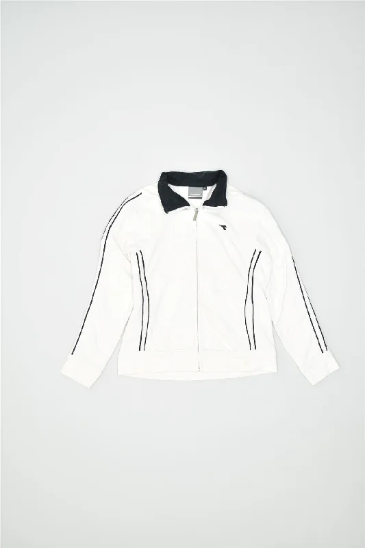 DIADORA Womens Tracksuit Top Jacket UK 10 Small White Cotton Zip Front Button Front Snap Front