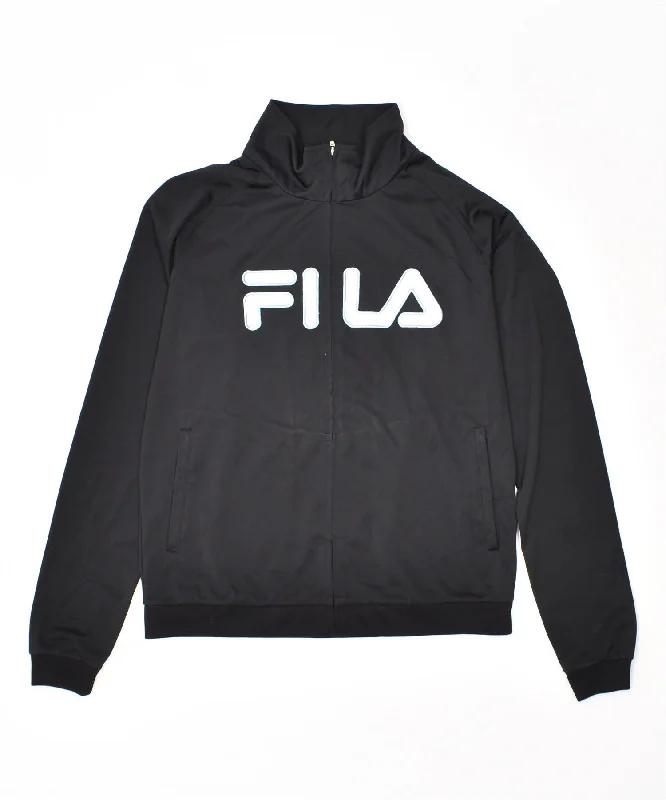 FILA Womens Graphic Tracksuit Top Jacket UK 12 Medium Black Polyester A-Line Jacket Boat Neck Shawl Collar