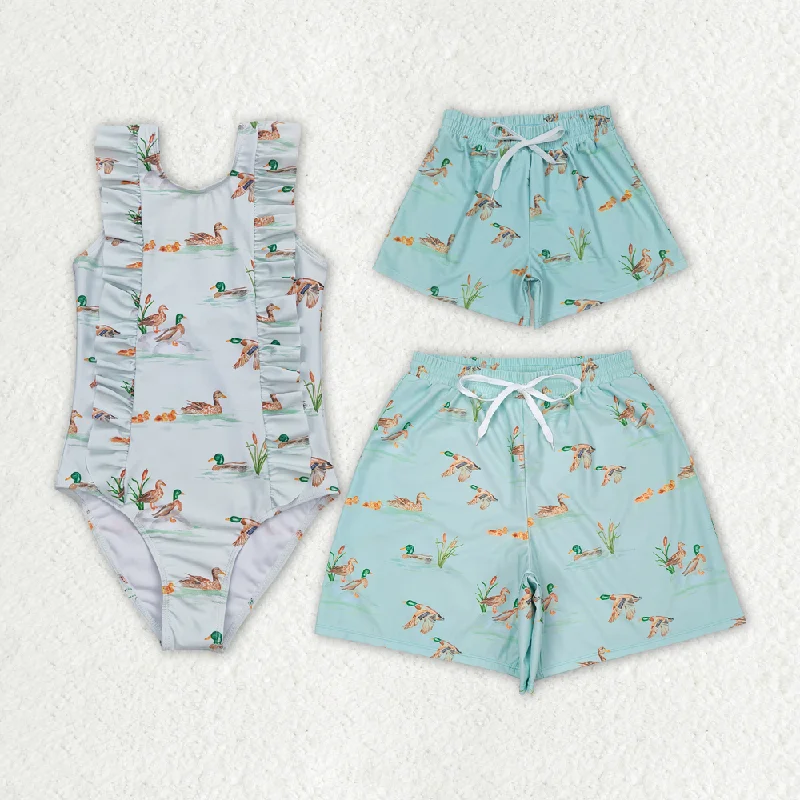 S0265 Duck Light Green Lace One-Piece Swimsuit + S0428 Adult male duck light green swimming trunks Floral Swimwear Set