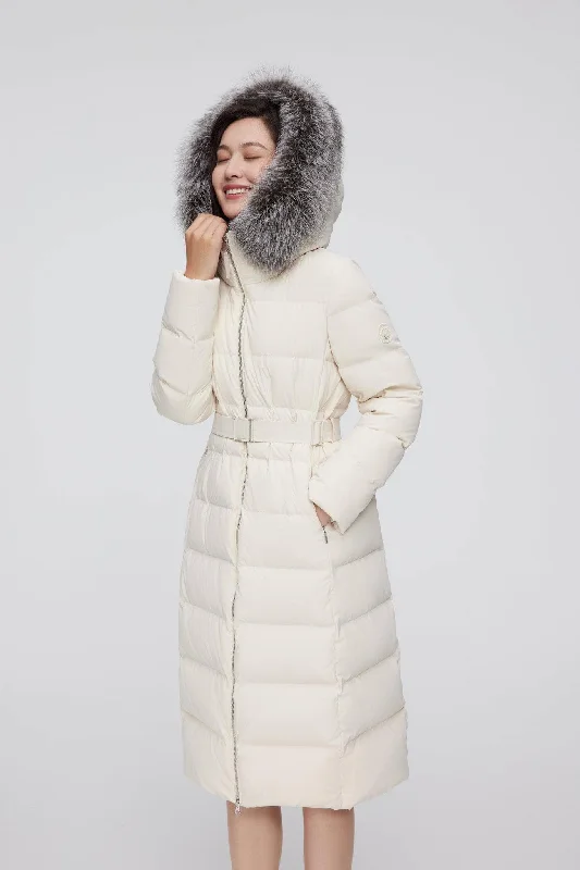 Full Length Hooded Goose Down Jacket With Fur Toggled Jacket Drawstring Jacket Belted Jacket