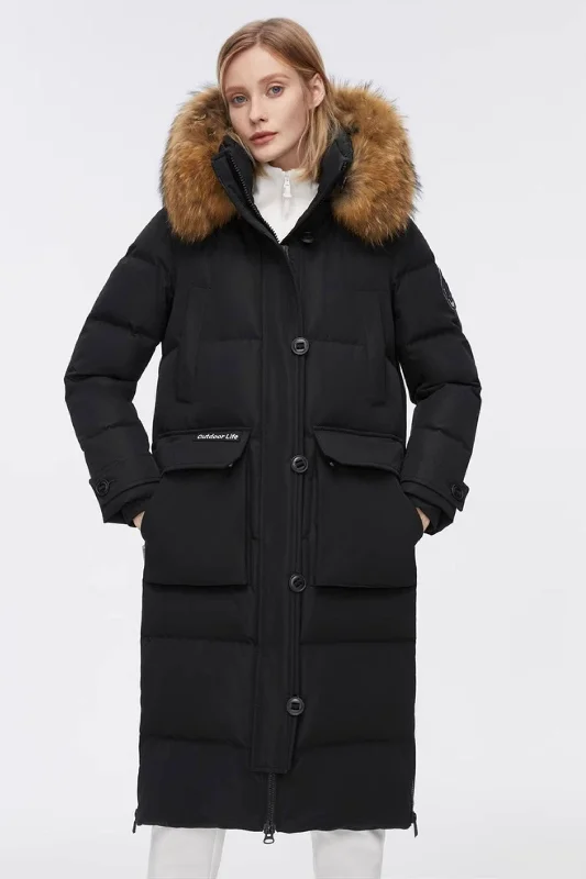 Long Goose Down Jacket With Removable Fur Hood A-Line Jacket Boat Neck Shawl Collar